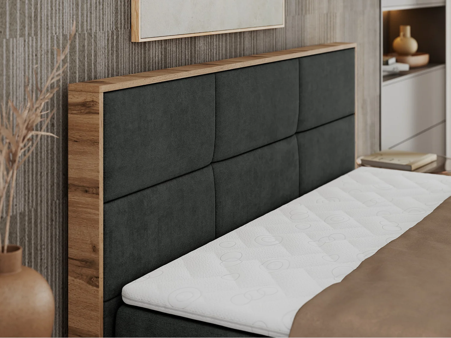 Boxspringbett ALBERO 2 mit Topper und Multipocket-Matratze, Stauraum, Holzrahmen - 140x200 cm - H3 - Dunkelgrau Strukture