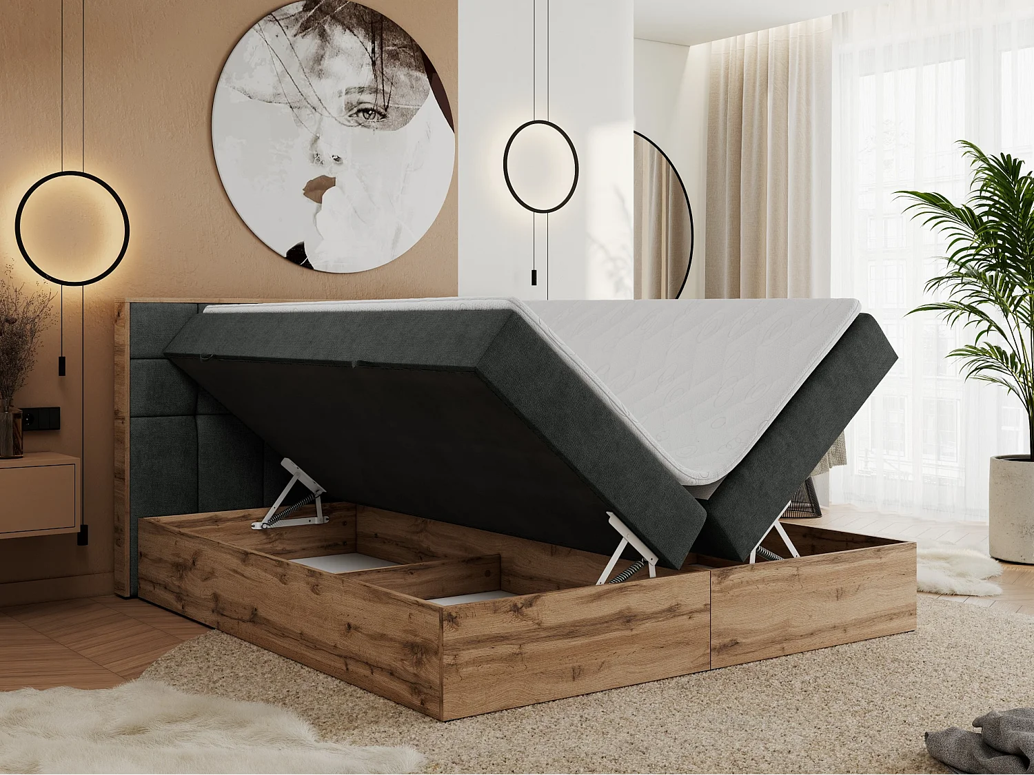 Boxspringbett ALBERO 1, Polsterbett mit gestepptem Kopfteil, Multipocket-Matratze - 200x200 cm - H3 - Dunkelgrau Strukture