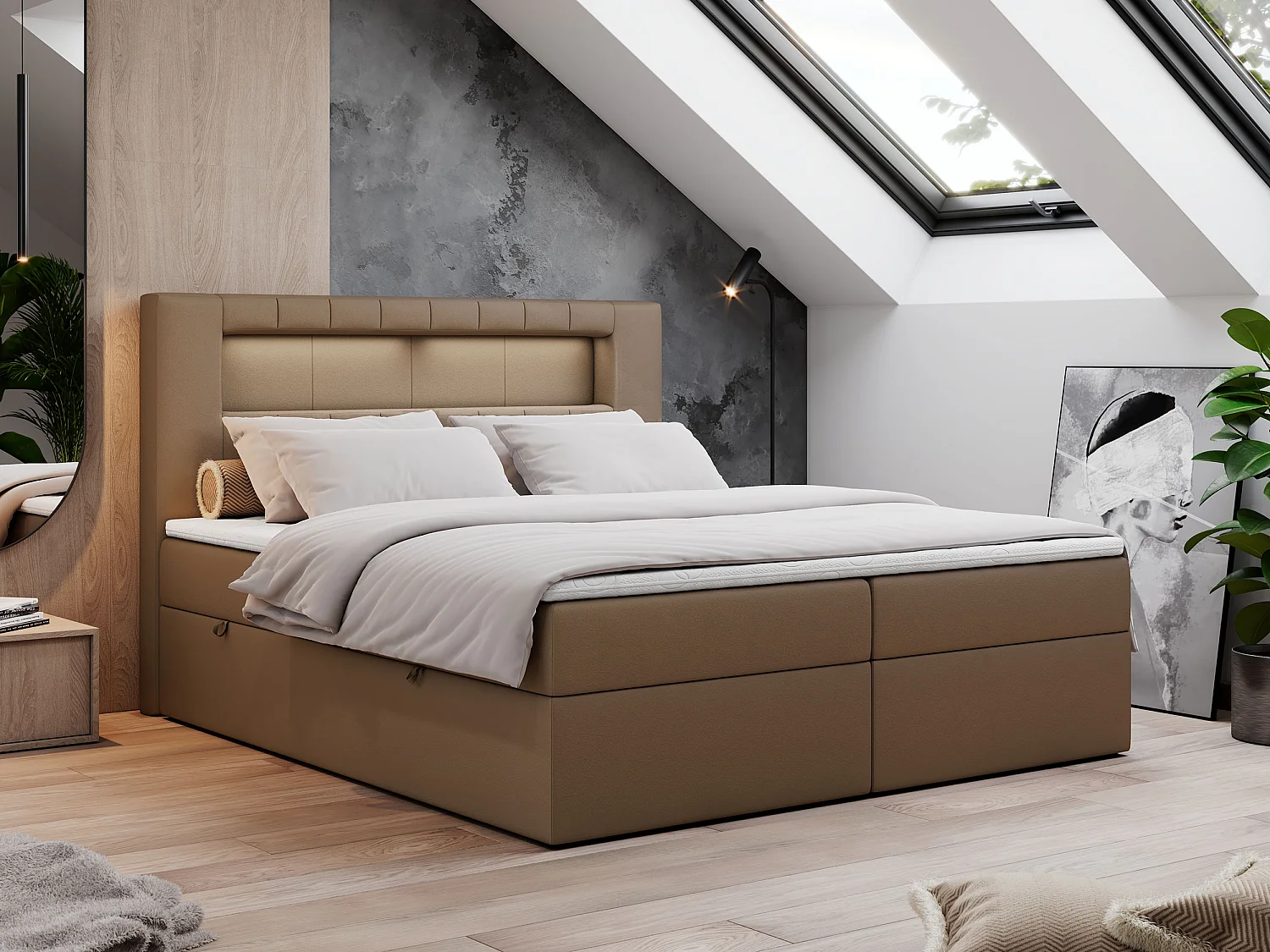 Boxspringbett GOLD 5 mit Multipocket-Matratze und LED, zwei Bettkästen - 140x200 cm - H4 - Braun Kunstleder