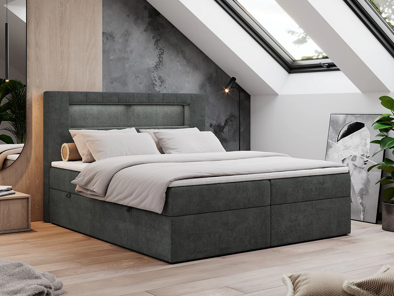 Boxspringbett GOLD 5 mit Multipocket-Matratze und LED, zwei Bettkästen - 200x200 cm - H4 - Dunkelgrau Strukture