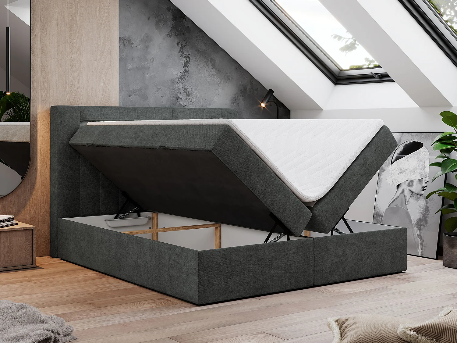 Boxspringbett GOLD 5 mit Multipocket-Matratze und LED, zwei Bettkästen - 200x200 cm - H4 - Dunkelgrau Strukture