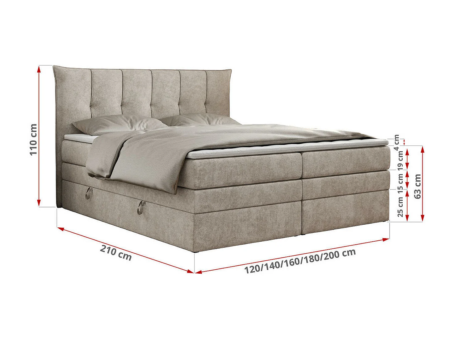 Boxspringbett PREMIUM 10 KING, Doppelbett mit Stauraum, gesteppte Kopfstütze, Multipocket-Matratze - 180x200 cm - H3 - Beige Strukture
