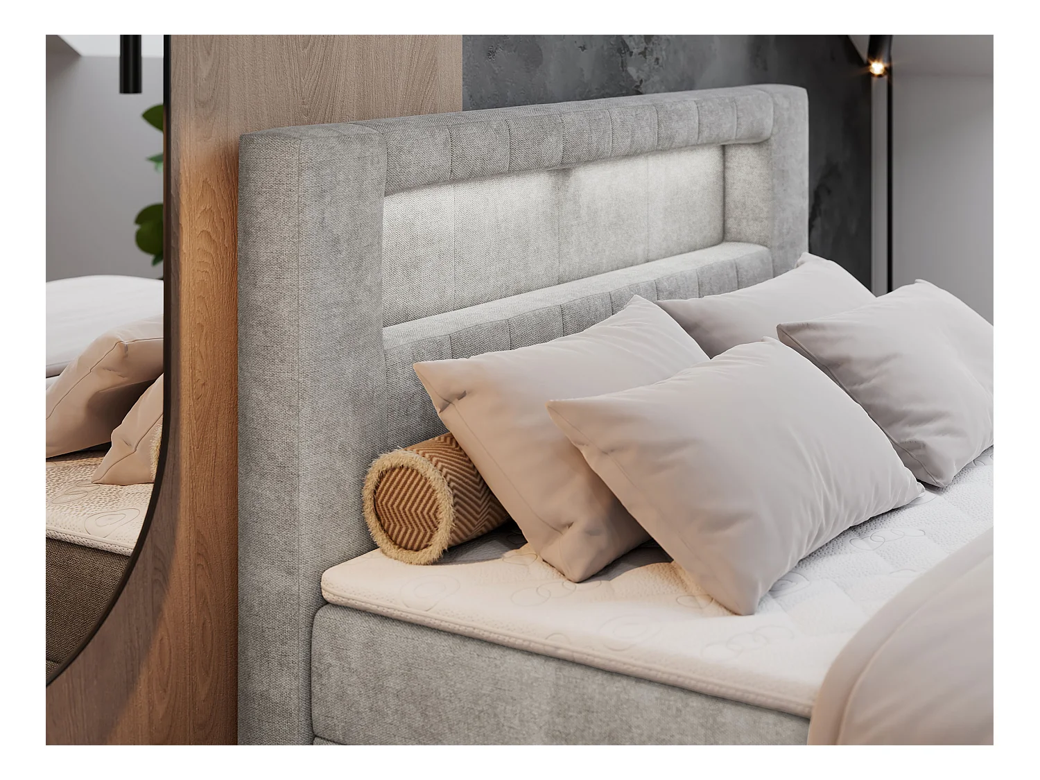 Boxspringbett GOLD 5 mit Multipocket-Matratze und LED, zwei Bettkästen - 140x200 cm - H4 - Hellgrau Strukture