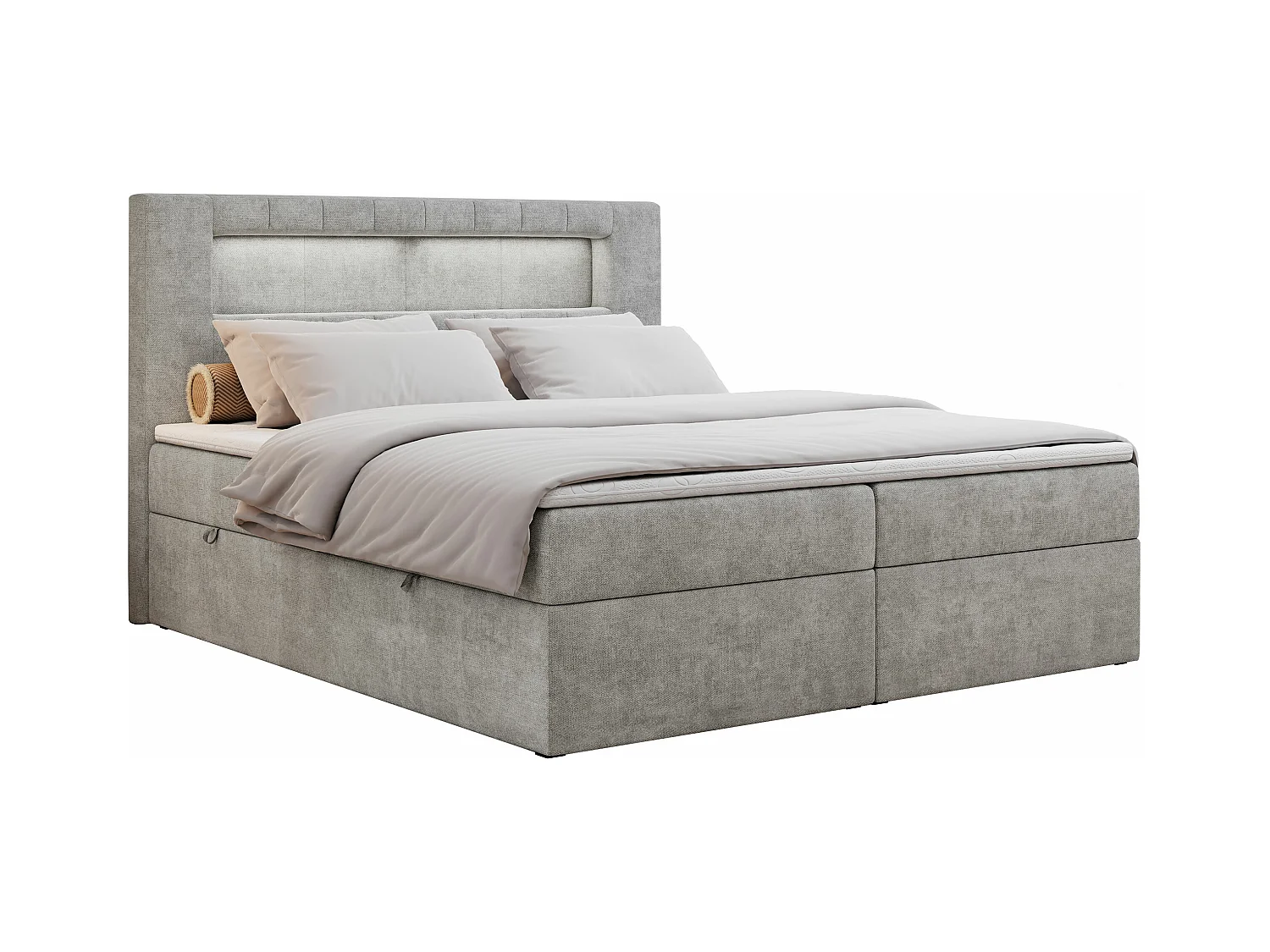 Boxspringbett GOLD 5 mit Multipocket-Matratze und LED, zwei Bettkästen - 140x200 cm - H4 - Hellgrau Strukture