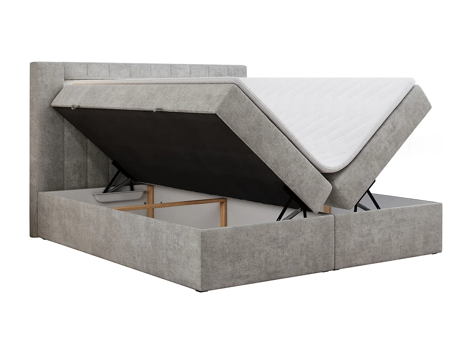 Boxspringbett GOLD 5 mit Multipocket-Matratze und LED, zwei Bettkästen - 140x200 cm - H4 - Hellgrau Strukture