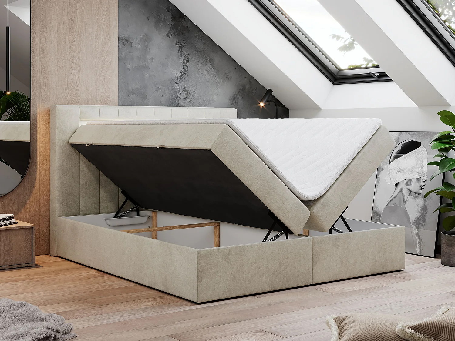 Boxspringbett GOLD 5 mit Multipocket-Matratze und LED, zwei Bettkästen - 180x200 cm - H4 - Beige Velvet