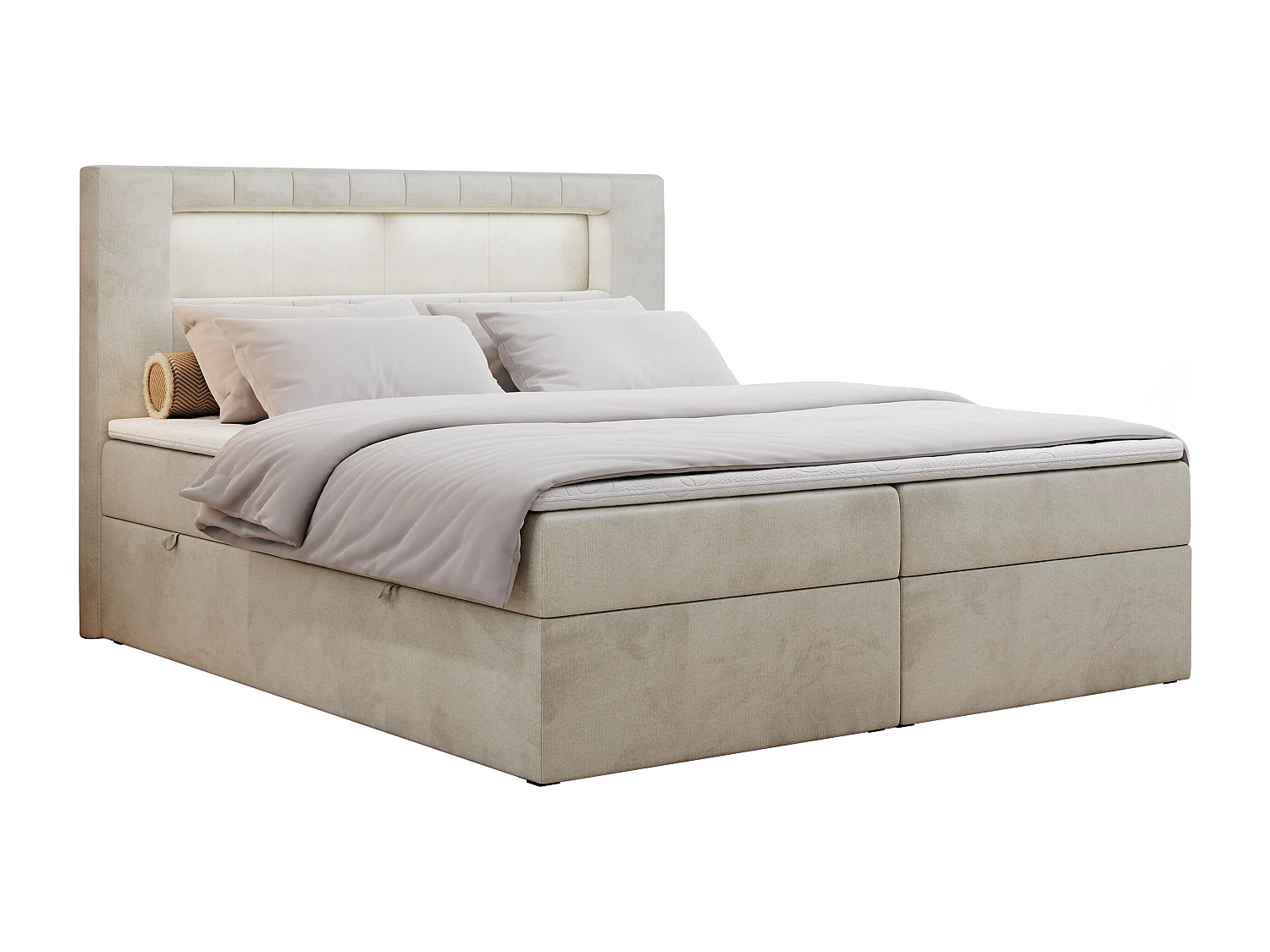 Boxspringbett GOLD 5 mit Multipocket-Matratze und LED, zwei Bettkästen - 180x200 cm - H4 - Beige Velvet
