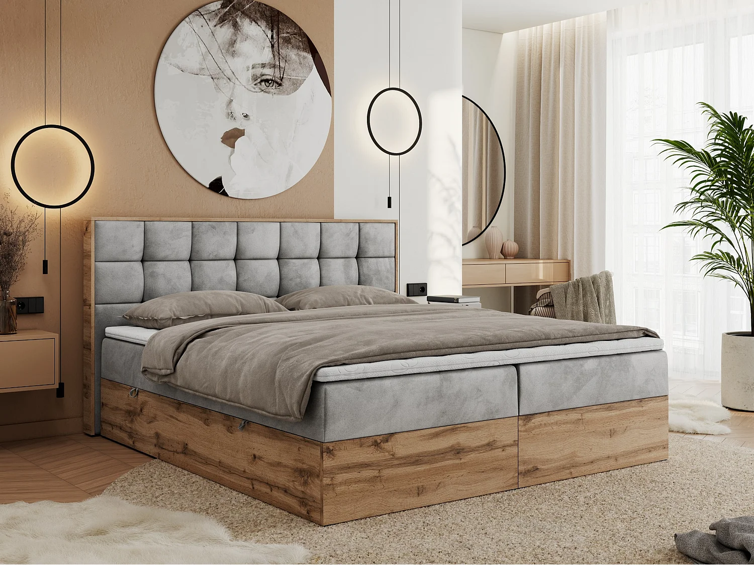 Boxspringbett ALBERO 1, Polsterbett mit gestepptem Kopfteil, Multipocket-Matratze - 140x200 cm - H3 - Hellgrau Velvet