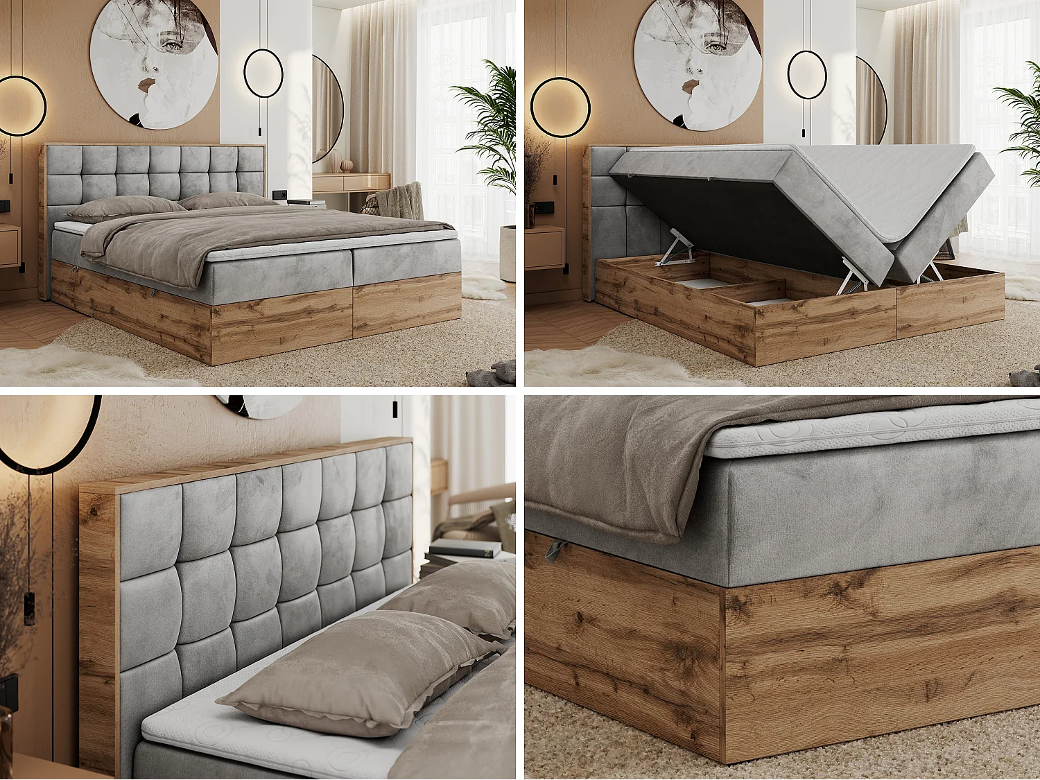 Boxspringbett ALBERO 1, Polsterbett mit gestepptem Kopfteil, Multipocket-Matratze - 140x200 cm - H3 - Hellgrau Velvet