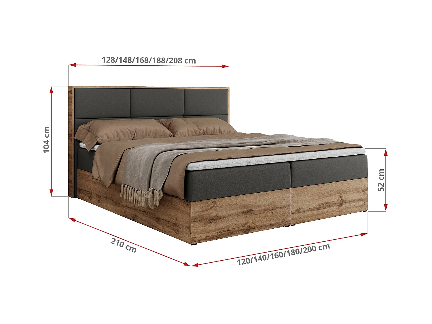 Boxspringbett ALBERO 2 mit Topper und Multipocket-Matratze, Stauraum, Holzrahmen - 180x200 cm - H3 - Dunkelgrau Kunstleder