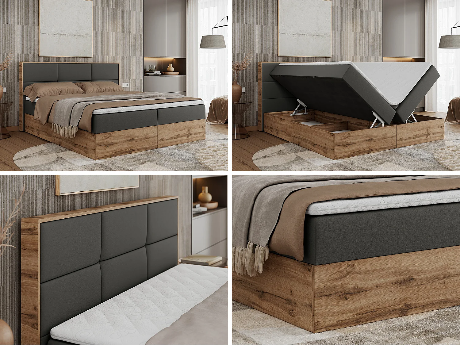 Boxspringbett ALBERO 2 mit Topper und Multipocket-Matratze, Stauraum, Holzrahmen - 180x200 cm - H3 - Dunkelgrau Kunstleder