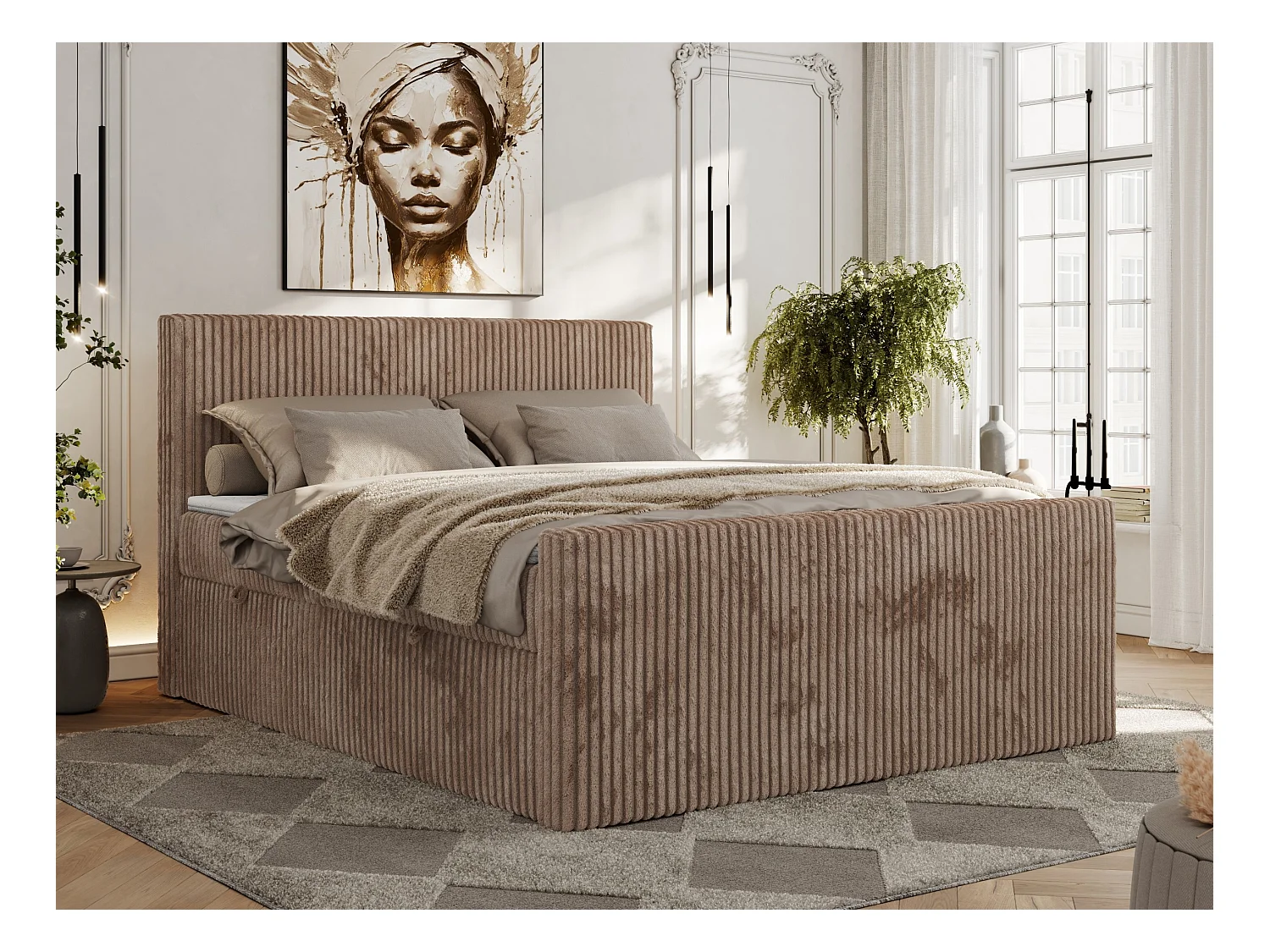 Boxspringbett TILIANO DUO mit gepolstertem Fußteil, Cord Bett, Multipocket-Matratze - 200x200 cm - H3 - Braun Cord