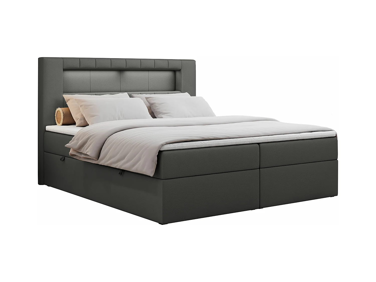 Boxspringbett GOLD 5 mit Multipocket-Matratze und LED, zwei Bettkästen - 200x200 cm - H4 - Dunkelgrau Kunstleder