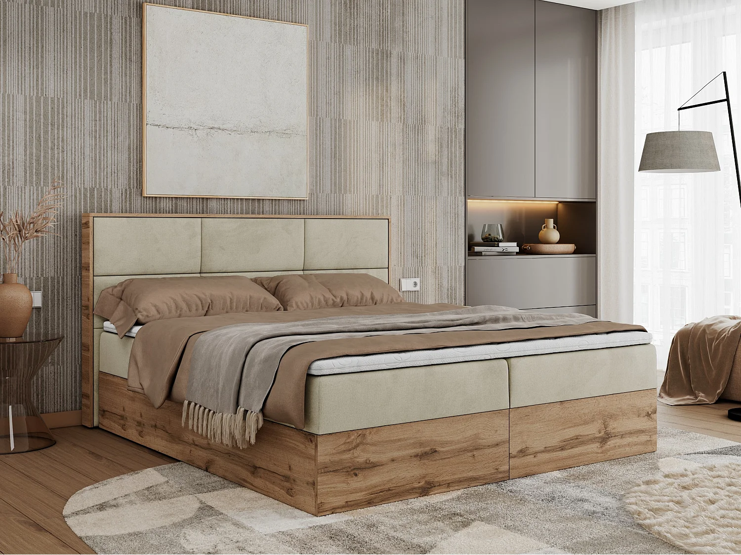 Boxspringbett ALBERO 2 mit Topper und Multipocket-Matratze, Stauraum, Holzrahmen - 120x200 cm - H3 - Beige Velvet