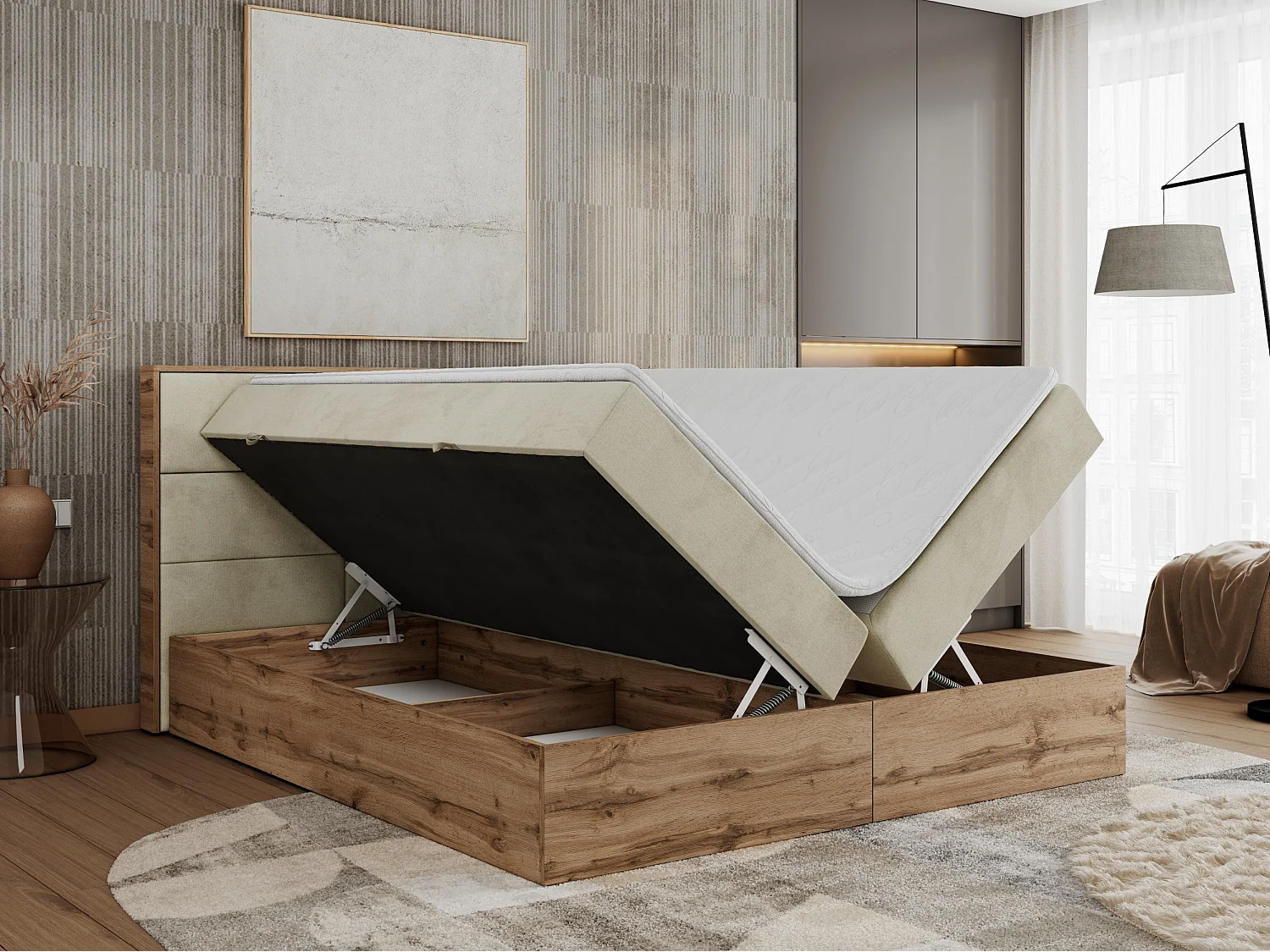Boxspringbett ALBERO 2 mit Topper und Multipocket-Matratze, Stauraum, Holzrahmen - 120x200 cm - H3 - Beige Velvet