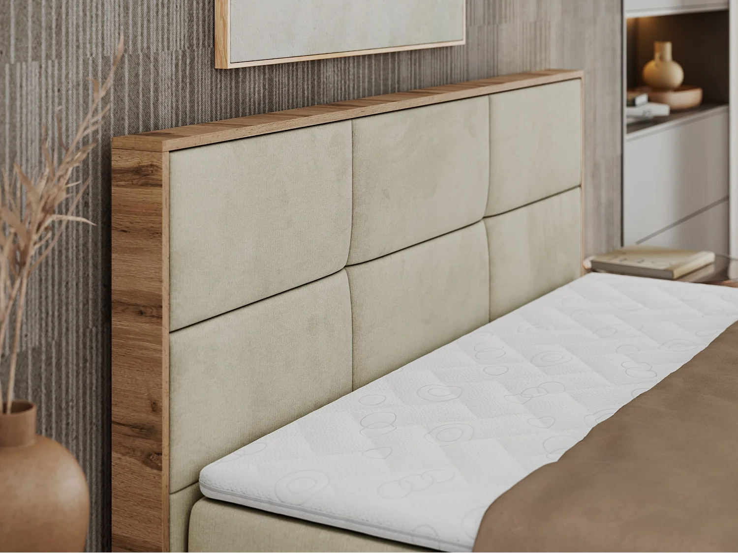 Boxspringbett ALBERO 2 mit Topper und Multipocket-Matratze, Stauraum, Holzrahmen - 120x200 cm - H3 - Beige Velvet