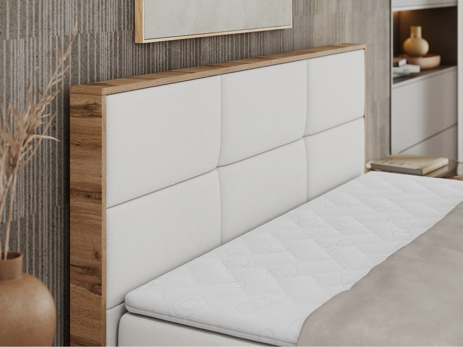 Boxspringbett ALBERO 2 mit Topper und Multipocket-Matratze, Stauraum, Holzrahmen - 160x200 cm - H3 - Weiß Kunstleder