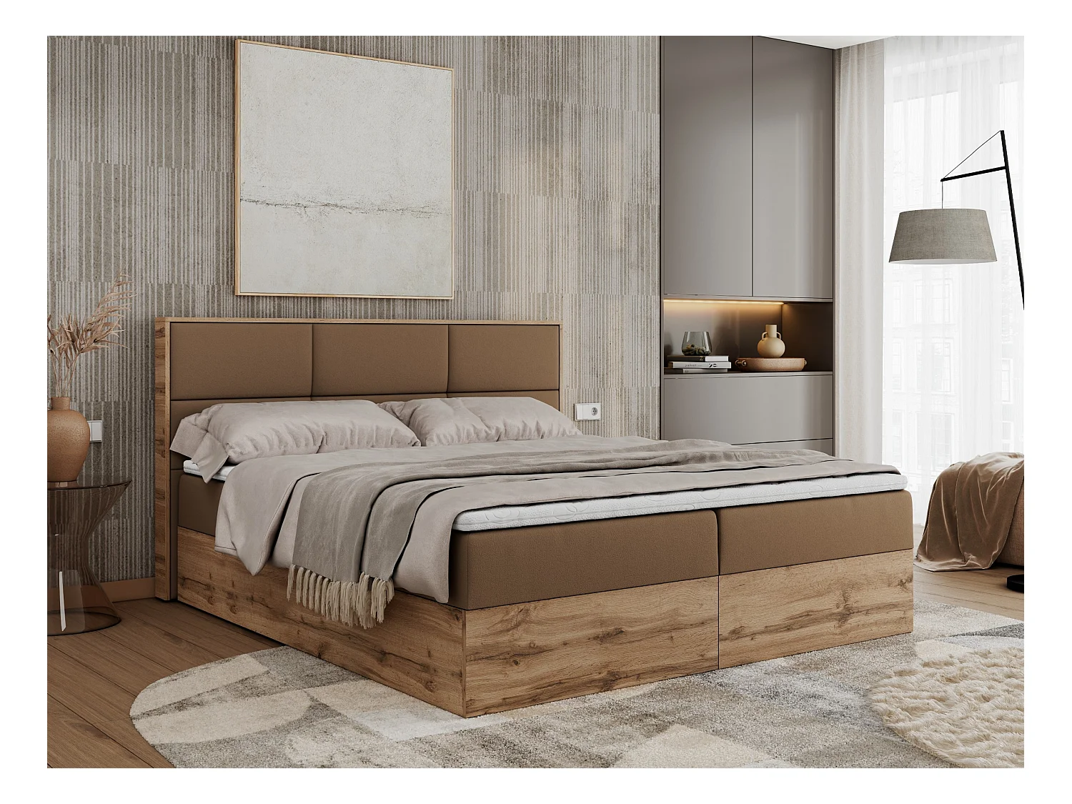 Boxspringbett ALBERO 2 mit Topper und Multipocket-Matratze, Stauraum, Holzrahmen - 180x200 cm - H3 - Braun Kunstleder