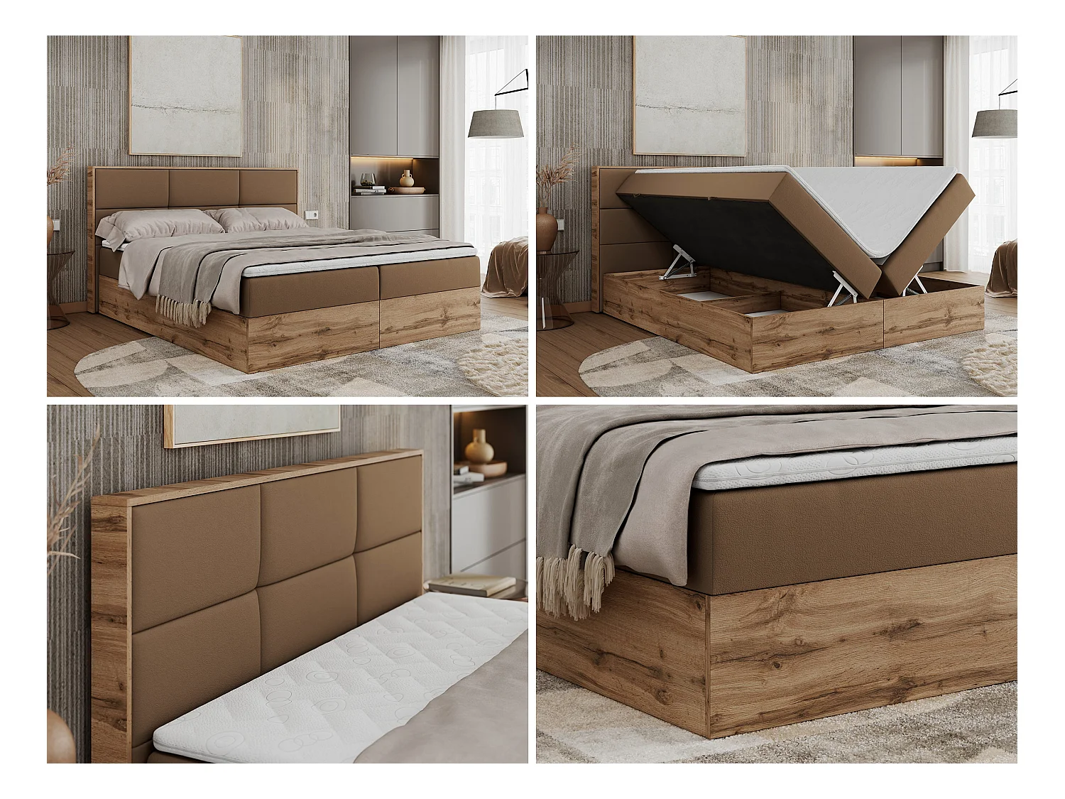 Boxspringbett ALBERO 2 mit Topper und Multipocket-Matratze, Stauraum, Holzrahmen - 180x200 cm - H3 - Braun Kunstleder