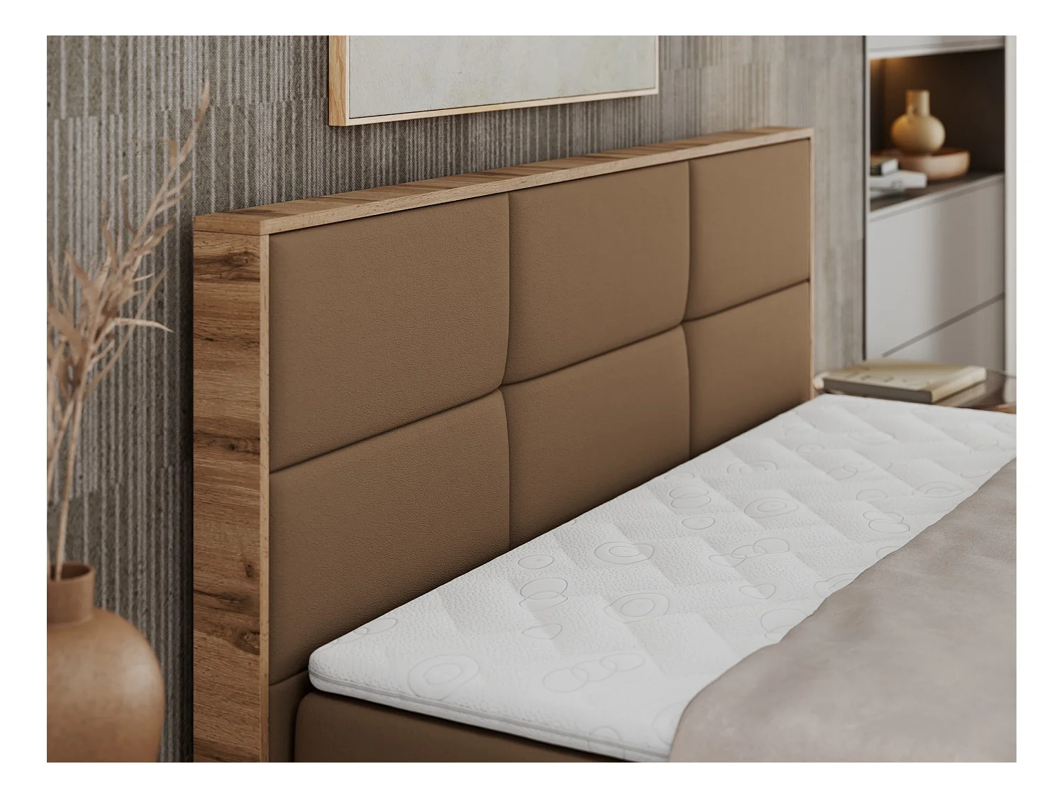 Boxspringbett ALBERO 2 mit Topper und Multipocket-Matratze, Stauraum, Holzrahmen - 180x200 cm - H3 - Braun Kunstleder