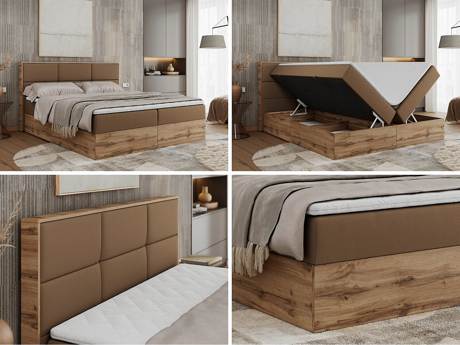 Boxspringbett ALBERO 2 mit Topper und Multipocket-Matratze, Stauraum, Holzrahmen - 180x200 cm - H3 - Braun Kunstleder