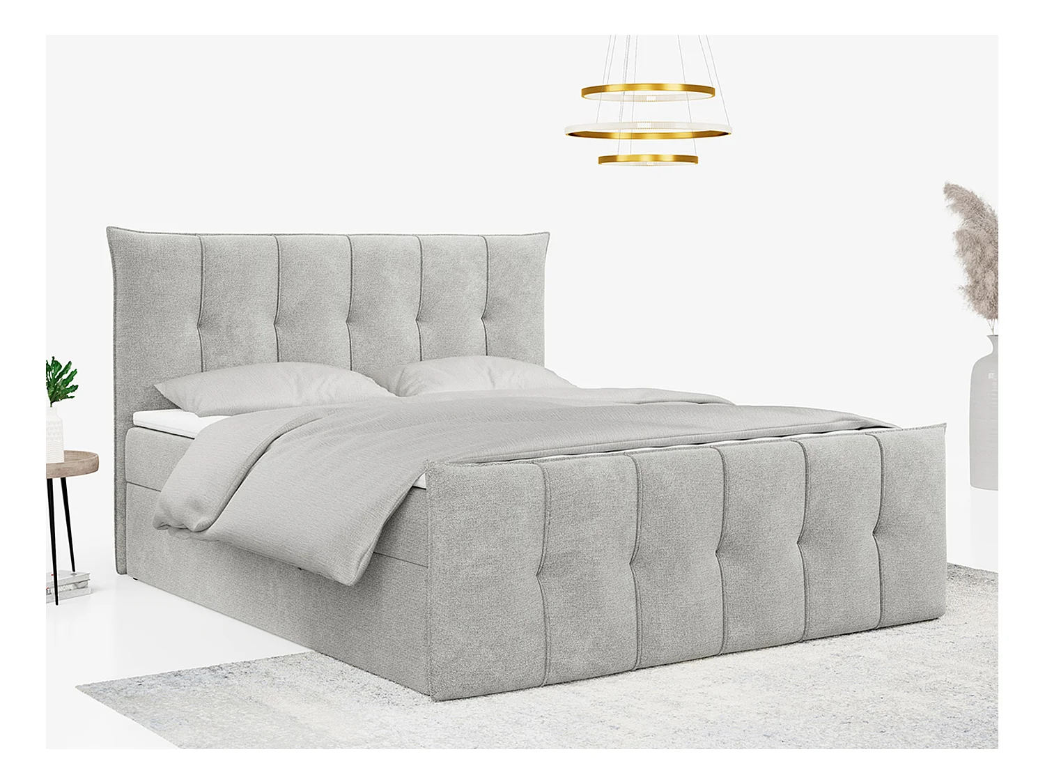 Boxspringbett PREMIUM 11 mit Stauraum, gestepptem Kopfteil, Multipocket-Matratze und Topper - 140x200 cm - H4 - Hellgrau Strukture