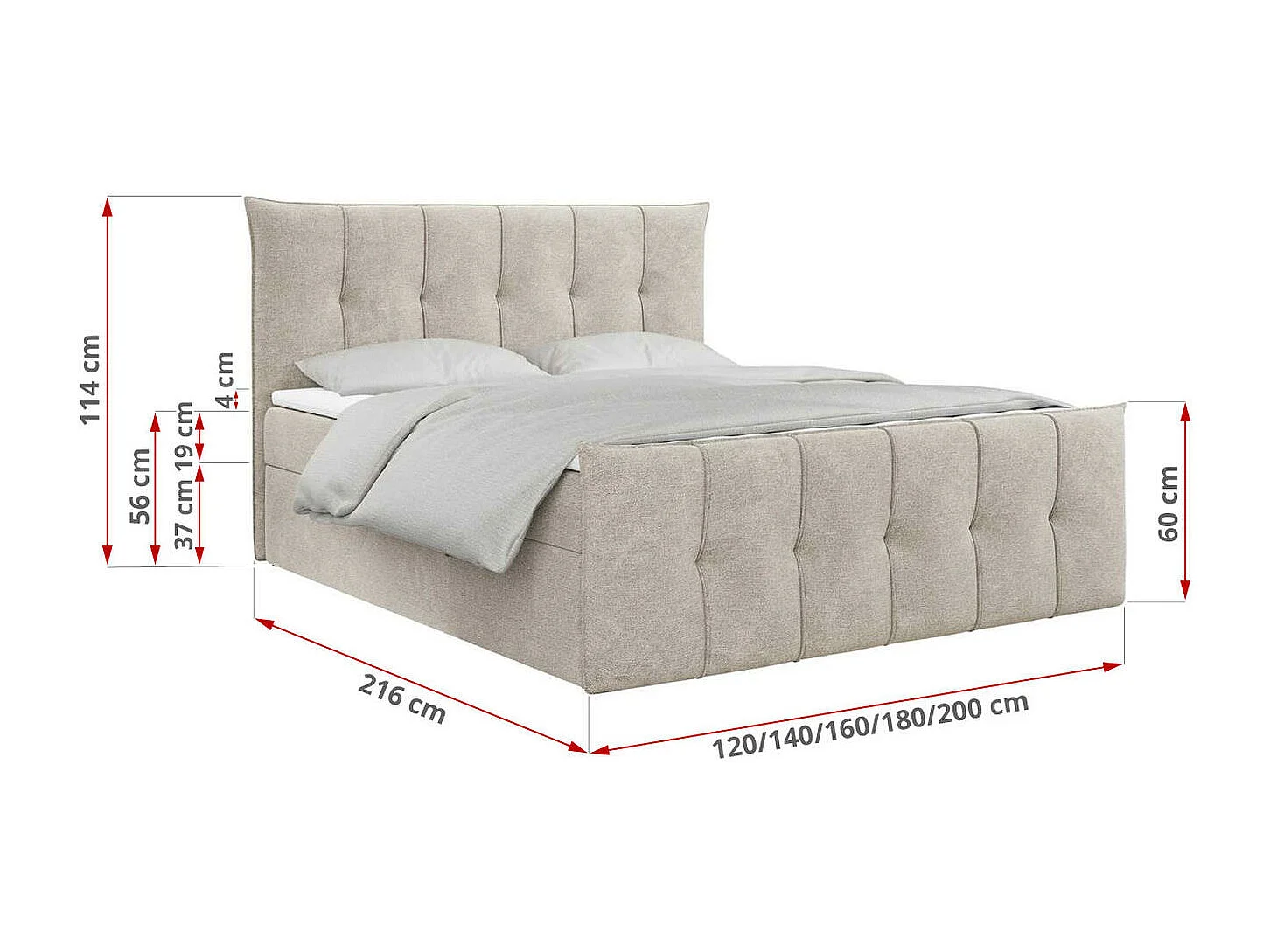 Boxspringbett PREMIUM 11 mit Stauraum, gestepptem Kopfteil, Multipocket-Matratze und Topper - 140x200 cm - H4 - Beige Strukture