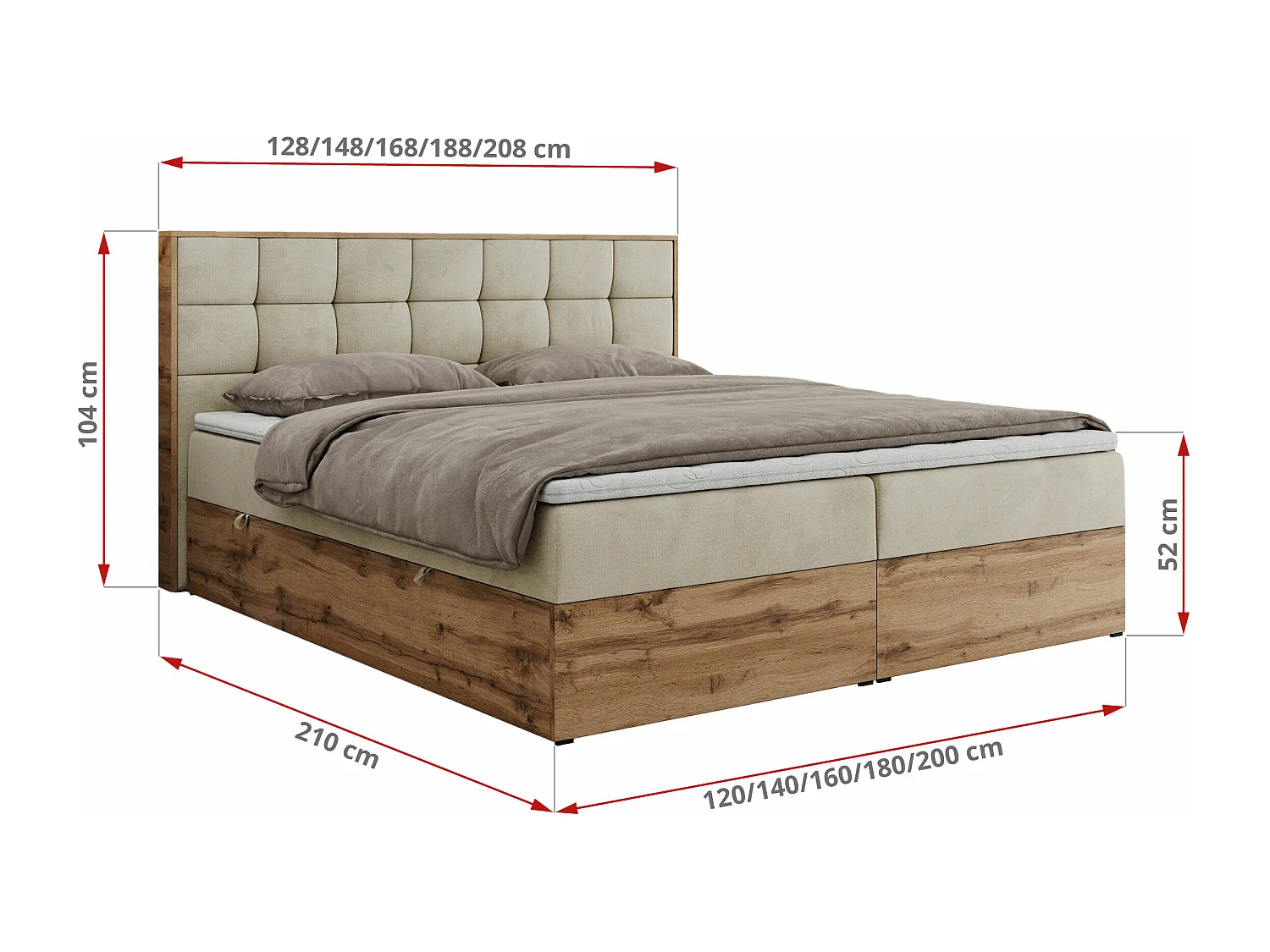 Boxspringbett ALBERO 1, Polsterbett mit gestepptem Kopfteil, Multipocket-Matratze - 120x200 cm - H3 - Beige Velvet