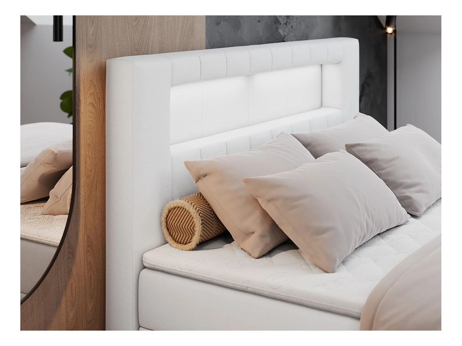 Boxspringbett GOLD 5 mit Multipocket-Matratze und LED, zwei Bettkästen - 160x200 cm - H4 - Weiß Kunstleder