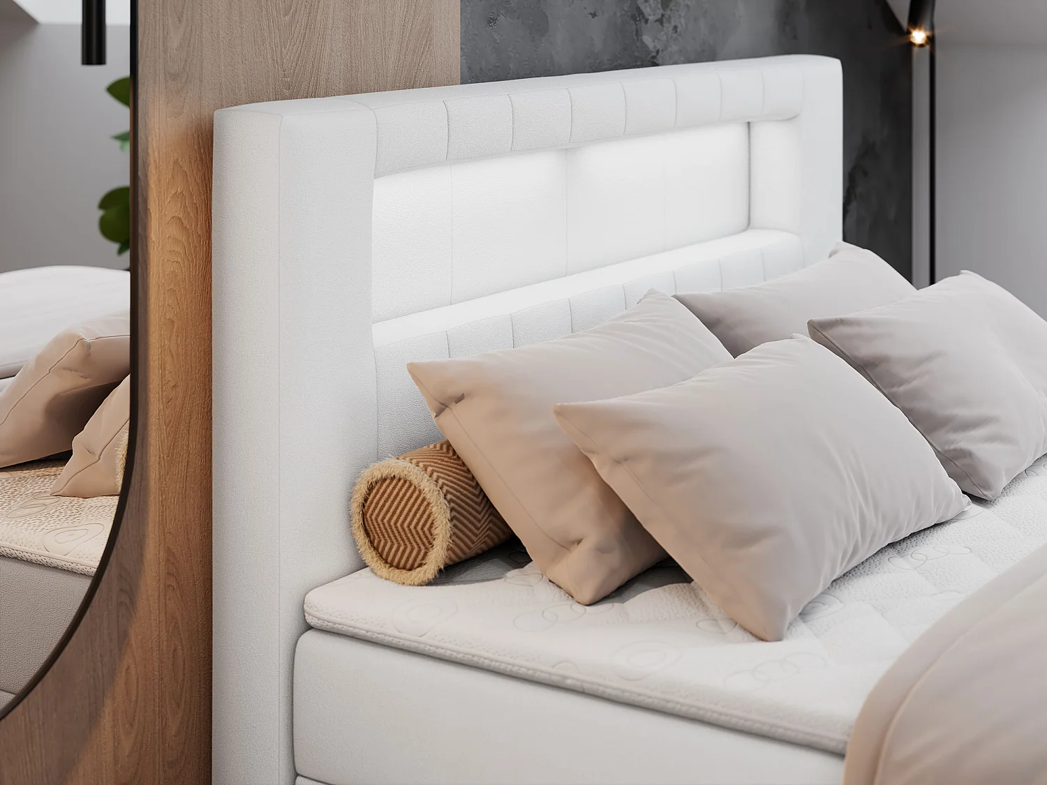 Boxspringbett GOLD 5 mit Multipocket-Matratze und LED, zwei Bettkästen - 160x200 cm - H4 - Weiß Kunstleder