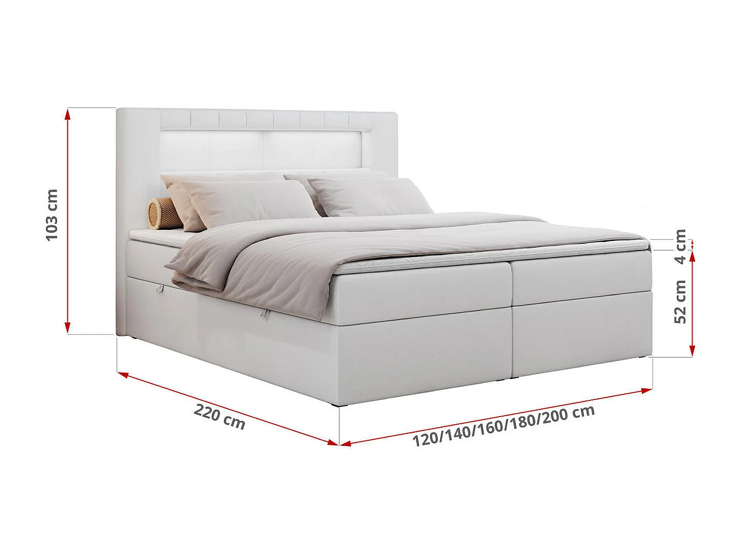 Boxspringbett GOLD 5 mit Multipocket-Matratze und LED, zwei Bettkästen - 160x200 cm - H4 - Weiß Kunstleder