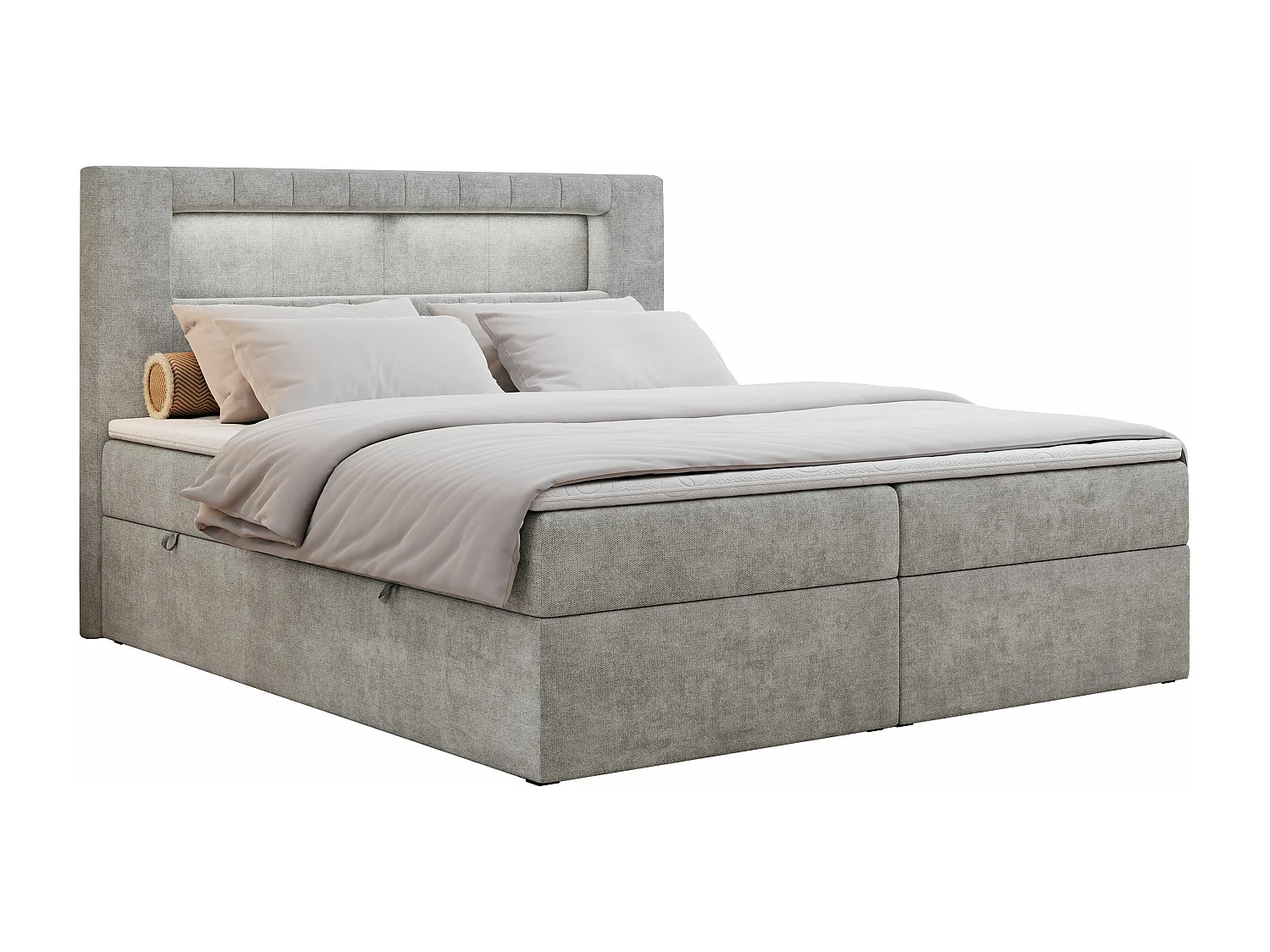 Boxspringbett GOLD 5 mit Multipocket-Matratze und LED, zwei Bettkästen - 160x200 cm - H4 - Hellgrau Strukture