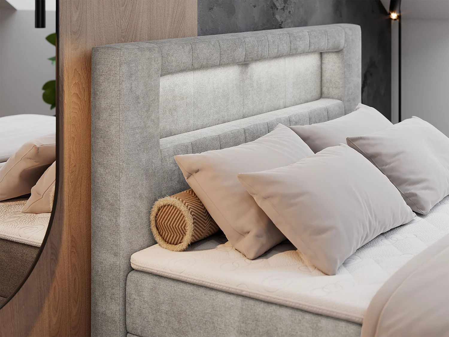 Boxspringbett GOLD 5 mit Multipocket-Matratze und LED, zwei Bettkästen - 200x200 cm - H4 - Hellgrau Strukture