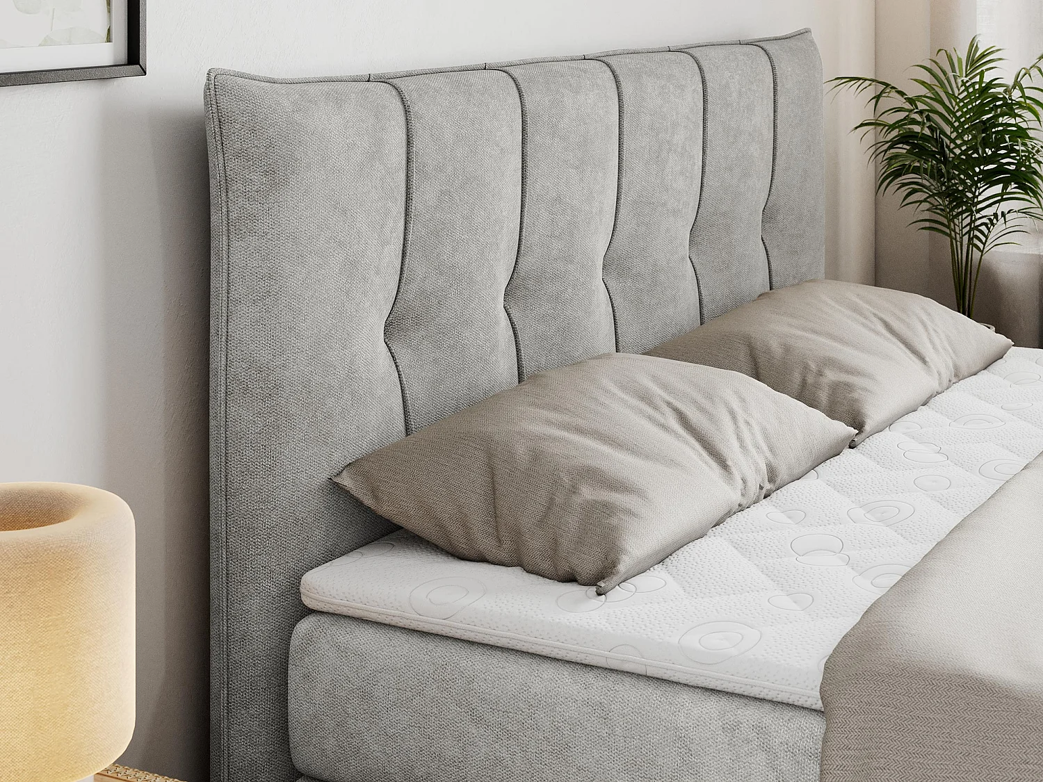 Boxspringbett PREMIUM 10 KING, Doppelbett mit Stauraum, gesteppte Kopfstütze, Multipocket-Matratze - 120x200 cm - H3 - Hellgrau Strukture