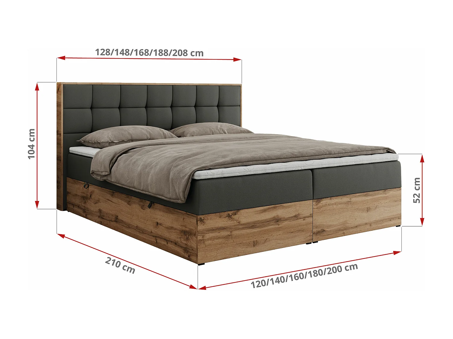 Boxspringbett ALBERO 1, Polsterbett mit gestepptem Kopfteil, Multipocket-Matratze - 160x200 cm - H3 - Dunkelgrau Kunstleder