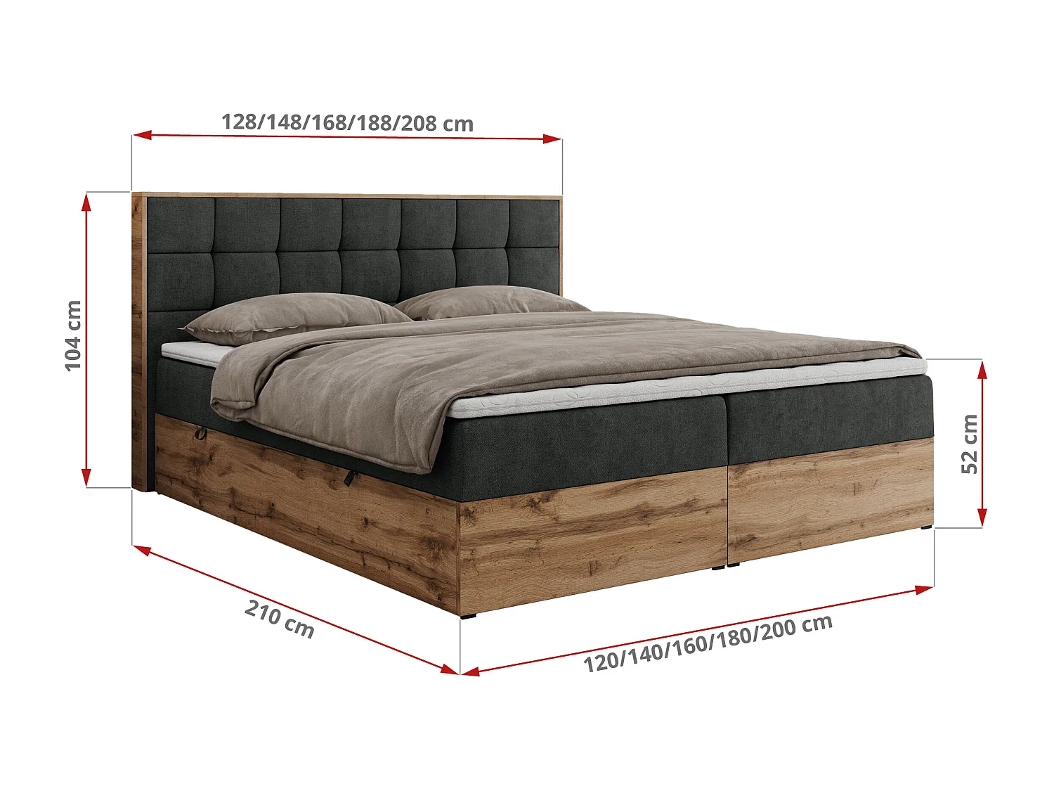 Boxspringbett ALBERO 1, Polsterbett mit gestepptem Kopfteil, Multipocket-Matratze - 120x200 cm - H3 - Dunkelgrau Strukture