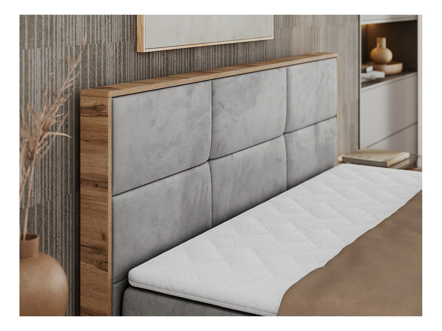 Boxspringbett ALBERO 2 mit Topper und Multipocket-Matratze, Stauraum, Holzrahmen - 140x200 cm - H3 - Hellgrau Velvet