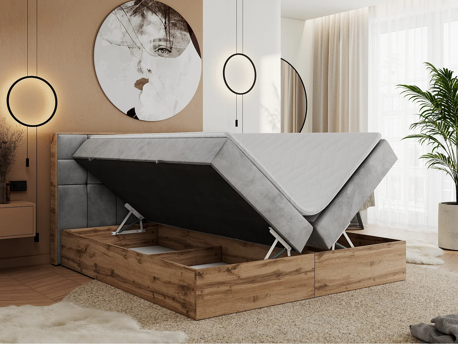 Boxspringbett ALBERO 1, Polsterbett mit gestepptem Kopfteil, Multipocket-Matratze - 180x200 cm - H3 - Hellgrau Velvet