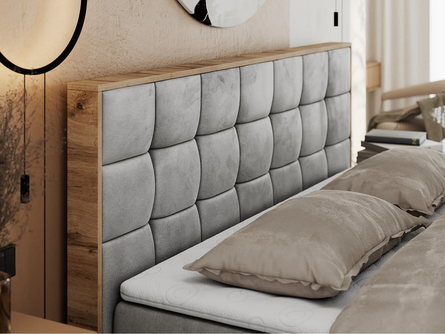 Boxspringbett ALBERO 1, Polsterbett mit gestepptem Kopfteil, Multipocket-Matratze - 200x200 cm - H3 - Hellgrau Velvet