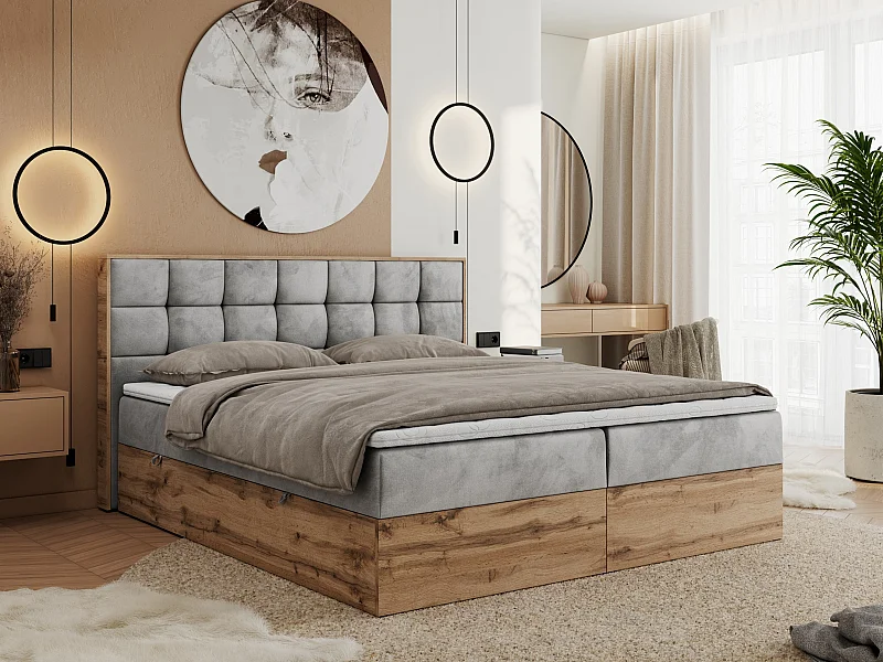 Boxspringbett ALBERO 1, Polsterbett mit gestepptem Kopfteil, Multipocket-Matratze - 200x200 cm - H3 - Hellgrau Velvet