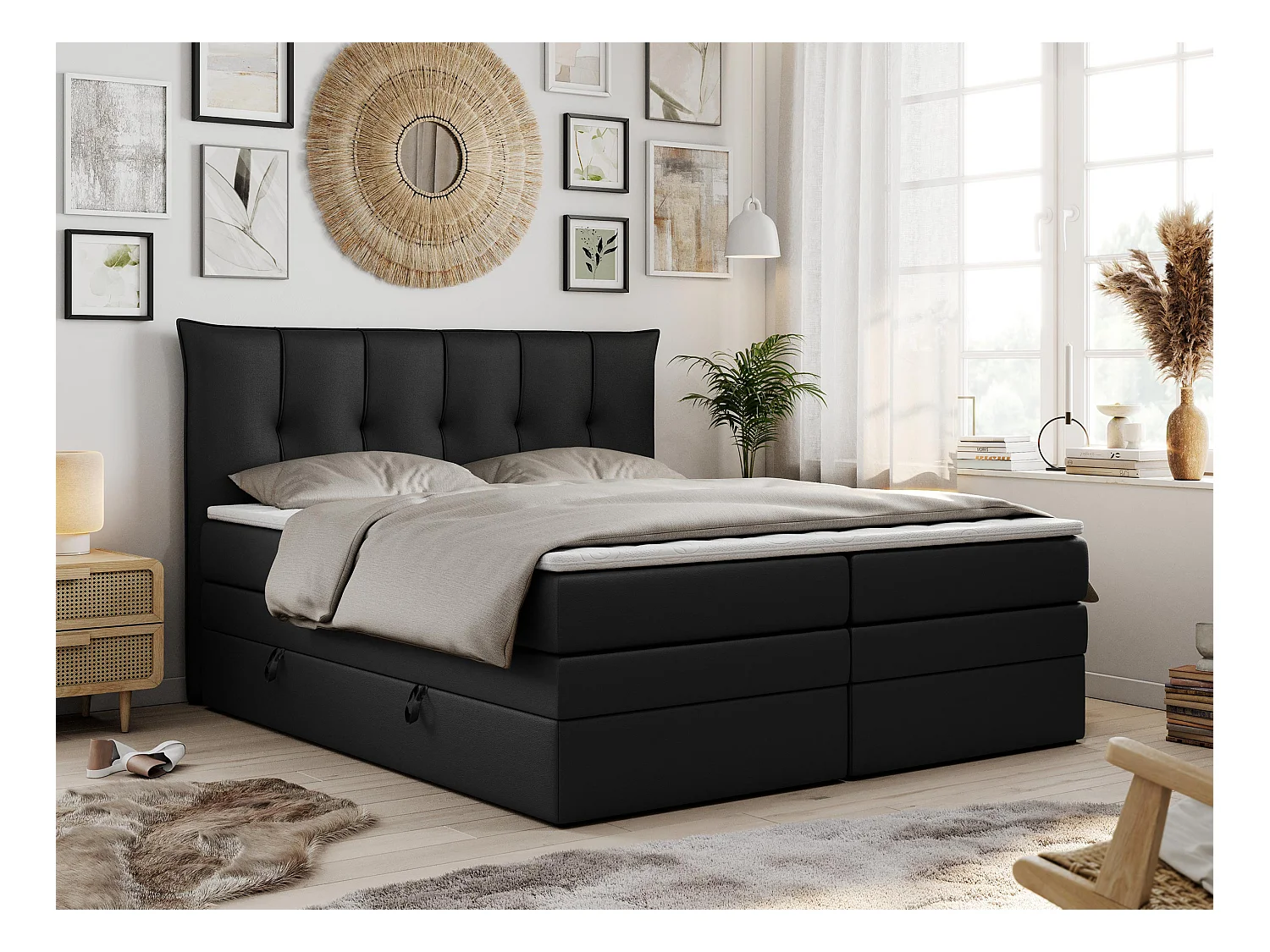 Boxspringbett PREMIUM 10 KING, Doppelbett mit Stauraum, gesteppte Kopfstütze, Multipocket-Matratze - 140x200 cm - H3 - Schwarz Kunstleder