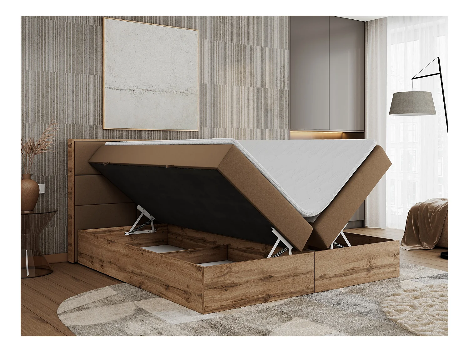 Boxspringbett ALBERO 2 mit Topper und Multipocket-Matratze, Stauraum, Holzrahmen - 200x200 cm - H3 - Braun Kunstleder