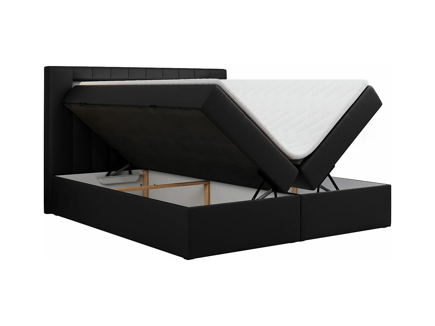 Boxspringbett GOLD 5 mit Multipocket-Matratze und LED, zwei Bettkästen - 200x200 cm - H4 - Schwarz Kunstleder