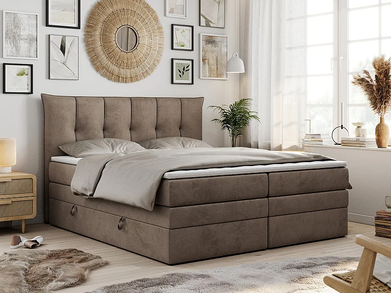 Boxspringbett PREMIUM 10 KING, Doppelbett mit Stauraum, gesteppte Kopfstütze, Multipocket-Matratze - 160x200 cm - H3 - Braun Velvet