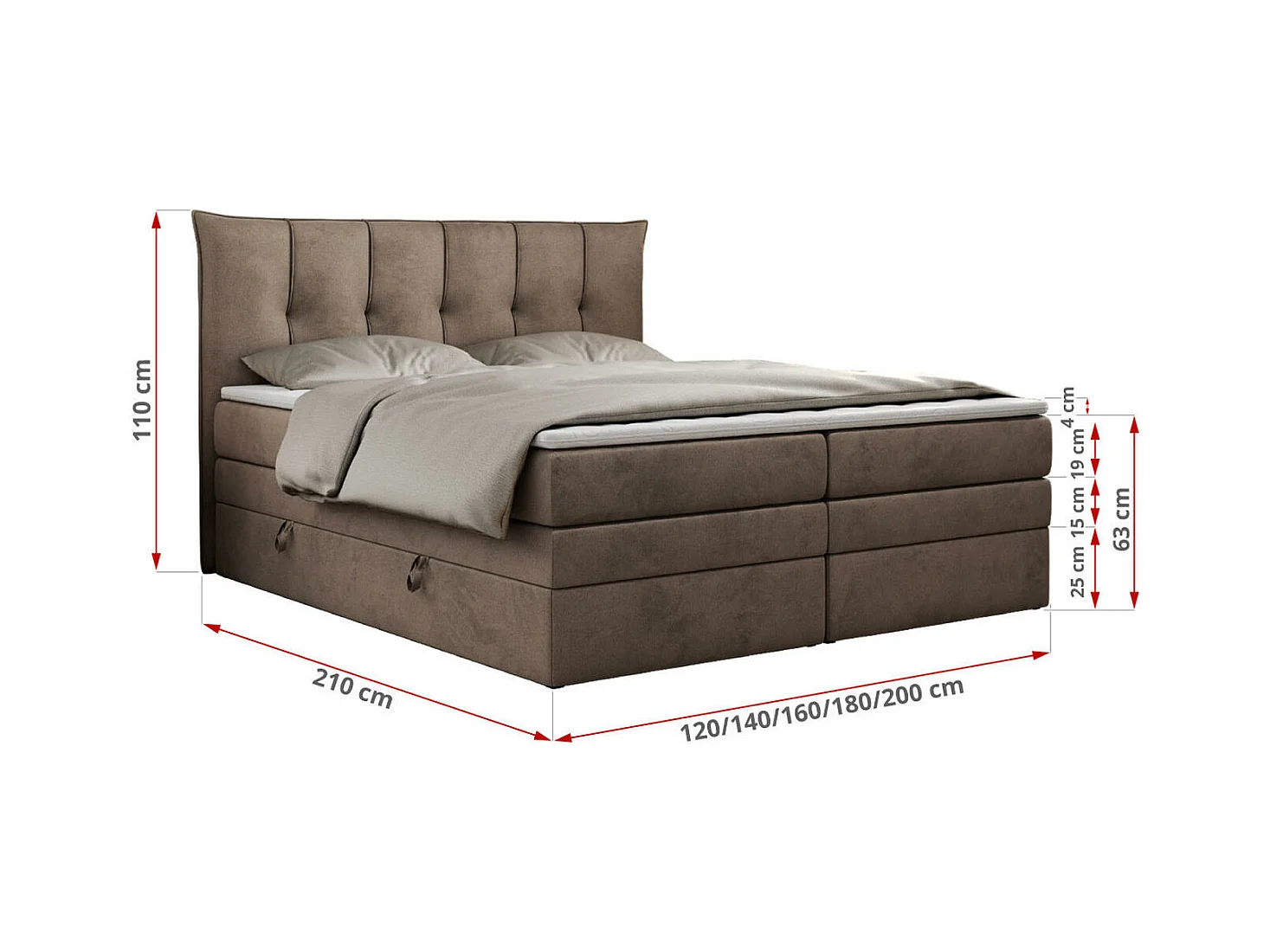 Boxspringbett PREMIUM 10 KING, Doppelbett mit Stauraum, gesteppte Kopfstütze, Multipocket-Matratze - 160x200 cm - H3 - Braun Velvet