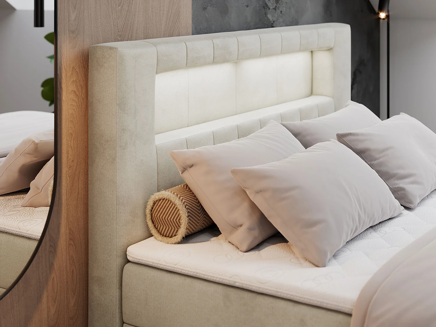 Boxspringbett GOLD 5 mit Multipocket-Matratze und LED, zwei Bettkästen - 200x200 cm - H4 - Beige Velvet