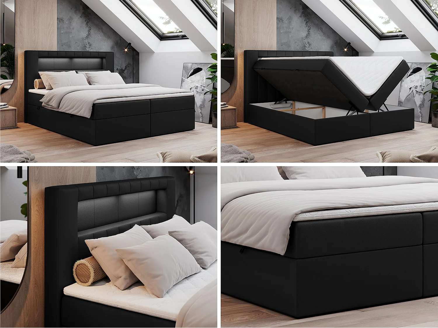Lit boxspring avec 2 coffres - 2 matelas fermes + surmatelas mousse - Noir Similicuir - 120x200 - GOLD 5