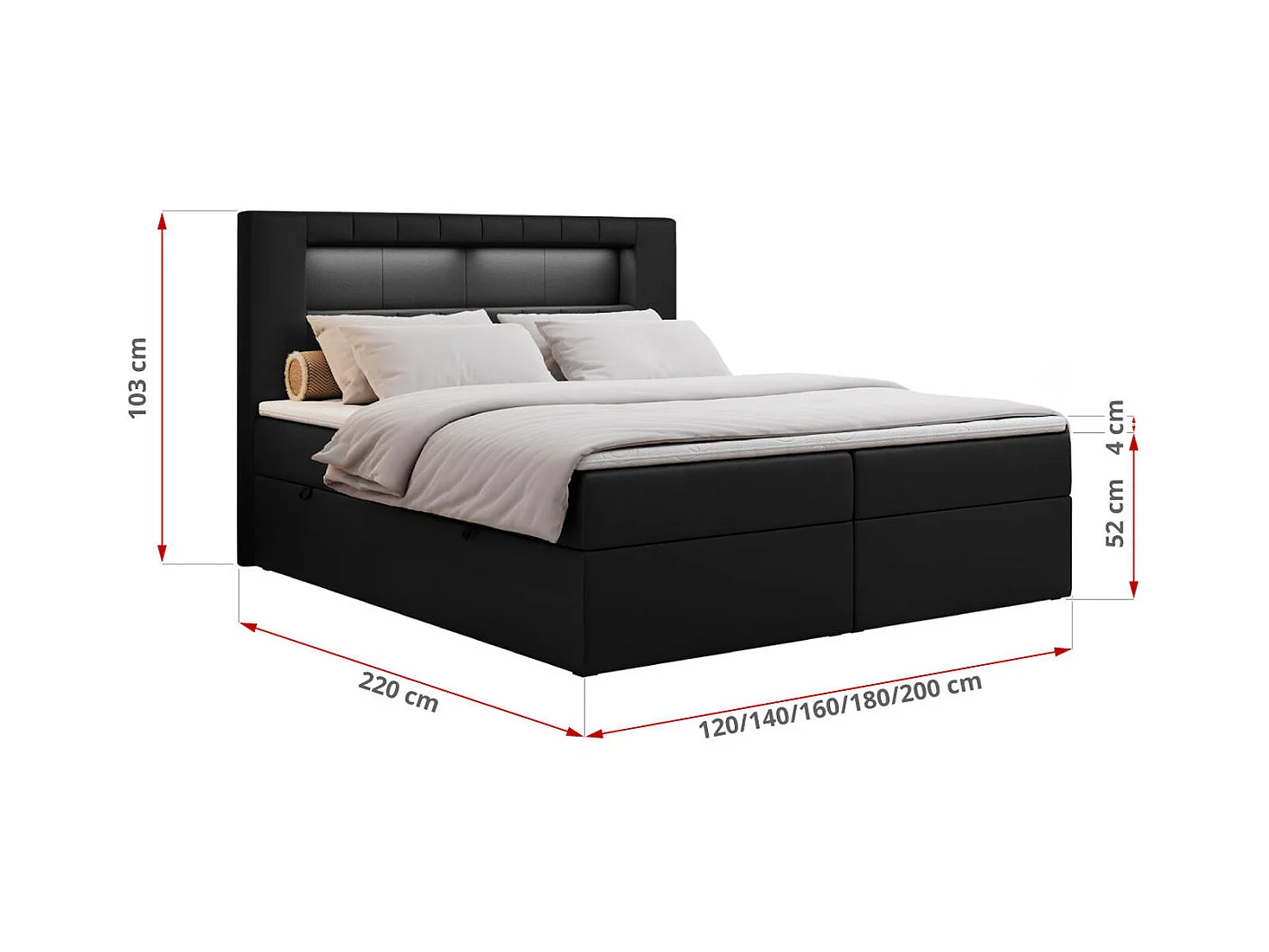Boxspringbett GOLD 5 mit Multipocket-Matratze und LED, zwei Bettkästen - 140x200 cm - H4 - Schwarz Kunstleder