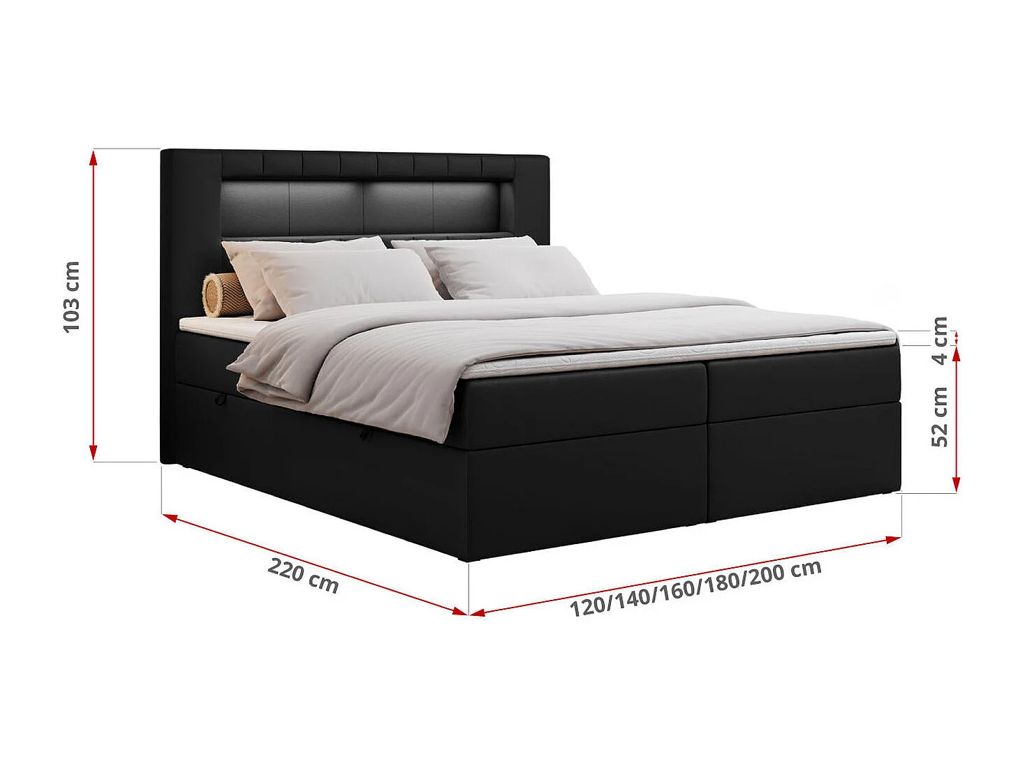 Boxspringbett GOLD 5 mit Multipocket-Matratze und LED, zwei Bettkästen - 140x200 cm - H4 - Schwarz Kunstleder
