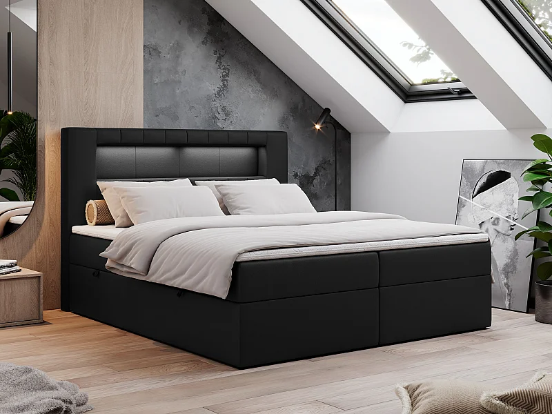 Boxspringbett GOLD 5 mit Multipocket-Matratze und LED, zwei Bettkästen - 140x200 cm - H4 - Schwarz Kunstleder
